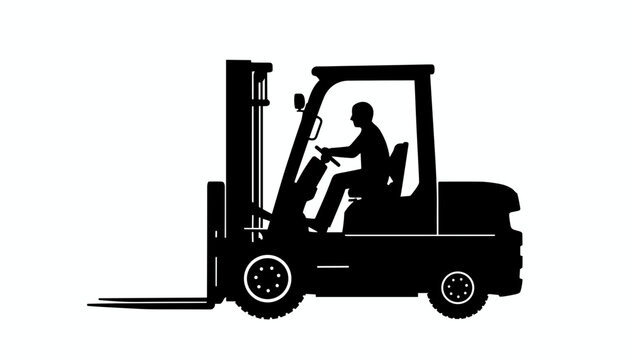 Silhouetted forklift operator driving a modern loader machine on a plain white background for industrial design.