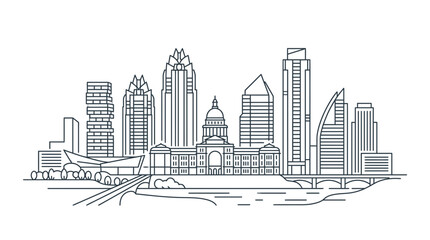 Naklejka premium Minimalist line art illustration of a modern city skyline featuring a central domed capitol building, skyscrapers, a river with a bridge, and architectural landmarks on white.