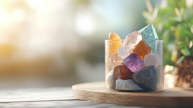 Colorful raw crystal points and mineral specimens arranged in wooden
