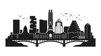 Obraz premium Black and white vector silhouette of the Austin Texas city skyline featuring the State Capitol building, Frost Bank Tower, and Congress Avenue Bridge with birds flying above.