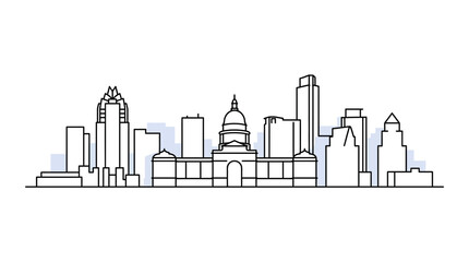 Obraz premium Austin Texas city skyline illustration in a modern flat line art style featuring the State Capitol building, Frost Bank Tower, and The Independent skyscrapers on a white background.