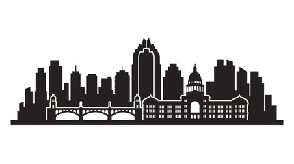 Obraz premium Austin Texas city skyline silhouette vector featuring the Frost Bank Tower, Texas State Capitol building, and Congress Avenue Bridge arches on a clean white background for design.