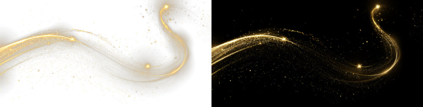 Golden Magic Wind Light Lines Glowing Sparkle Trail Particle Effect Transparent Background PNG on Black Background