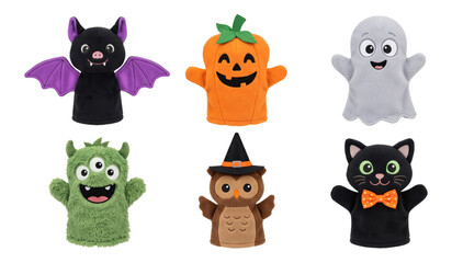 Fototapeta premium six halloween-themed hand puppets arranged together