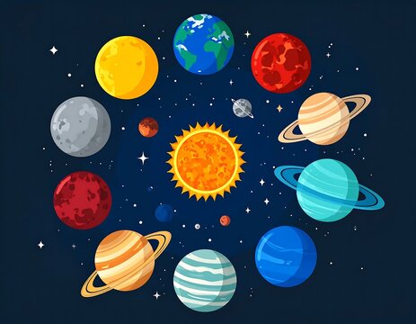 Solar system planets and moons in space illustration.
