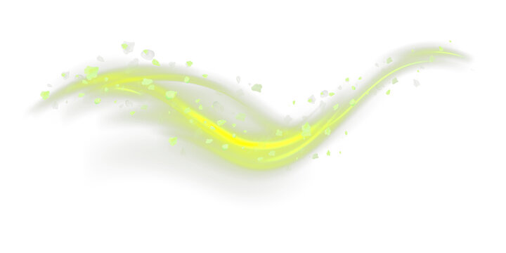 Green glowing air flow wave with flying fresh leaves