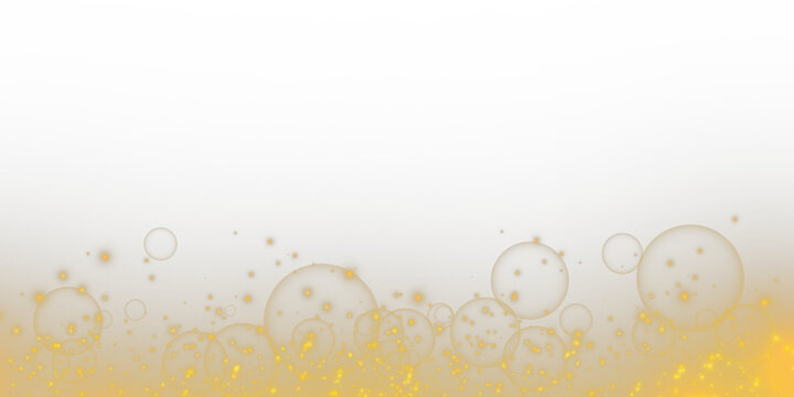 Golden glowing bubbles and sparkling particles on black background