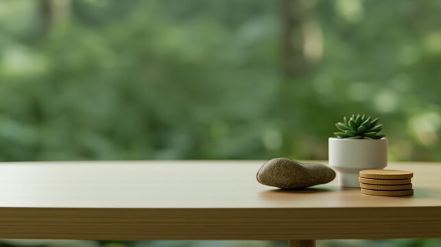 Minimalist Wooden Table with Succulent Plant and Natural Greenery Home Decor