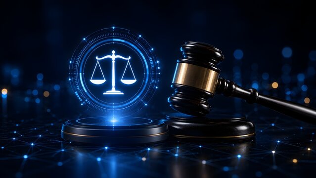 Digital justice scales and gavel with futuristic blue network background