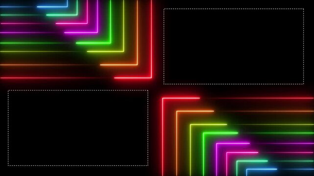 Neon rainbow geometric lines motion background with two frame placeholders clip.