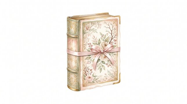 Vintage Book Shaped Gift Box with Satin Ribbon, Elegant Watercolor Illustration Isolated on White Background