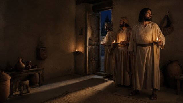 Three biblical men holding burning lamps in a humble home at night, waiting faithfully by an open door for their master to return. Religious illustration about readiness, service, and responsibility.