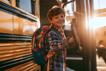 Fototapeta premium A young boy boarding the school bus in the warm sunlight