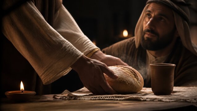 Biblical servant offering bread to a waiting man by candlelight. Parable of faithful stewardship, readiness, hospitality, responsibility, and spiritual service in an ancient setting.