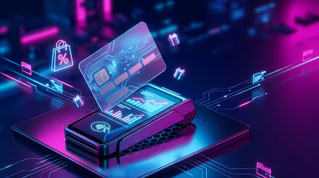 Futuristic Contactless Payment Terminal with Holographic Credit Card and Neon Digital Shopping Icons