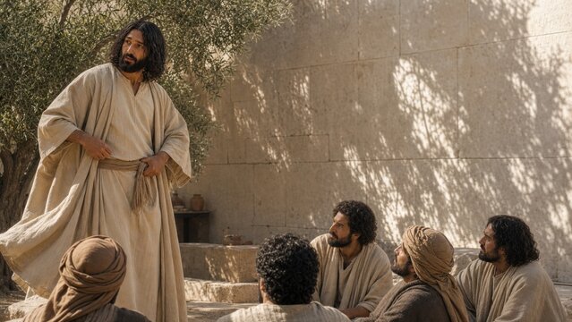Bearded biblical teacher addressing attentive disciples in an ancient courtyard. Faithful stewardship, responsibility, readiness, and spiritual instruction inspired by Luke 12.