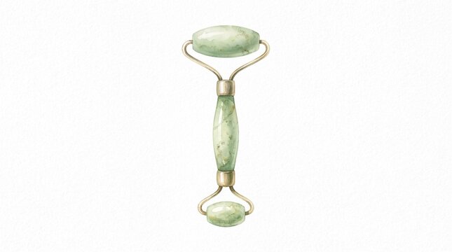 Pale Green Facial Massage Roller Beauty Tool, Elegant Watercolor Skincare Illustration Isolated on White Background