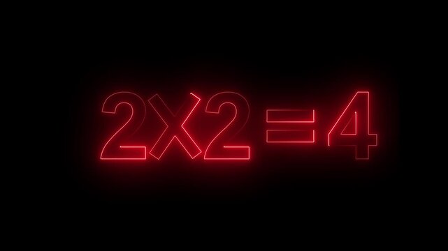Mathematics equation glowing in bright red neon light against a solid dark black background illustrating basic arithmetic calculation principles and numerical logic concepts for educational purposes.