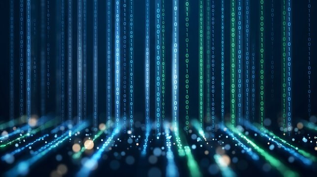 Digital matrix of binary code falling and glowing with blue and green hues