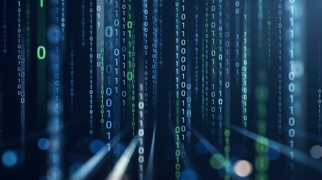 Digital binary code streams falling with bokeh background
