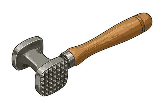 Vintage Meat Hammer Tenderizer with Wooden Handle, Double-Sided Kitchen Tool for Steak and Meat Preparation Isolated on White Background