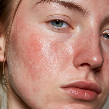 Detailed view of female face with sensitive, inflamed red skin and shiny texture needing dermatological treatment.