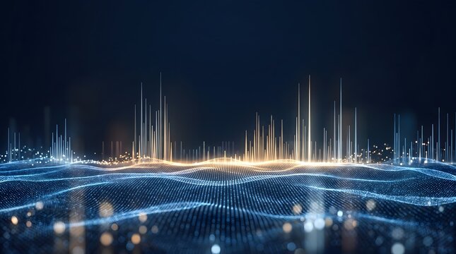 Abstract glowing data landscape with blue and gold bars