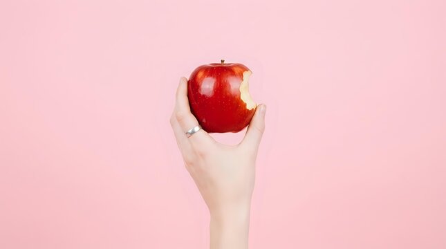 Close-up of a hand holding a red apple with a bite taken out of it