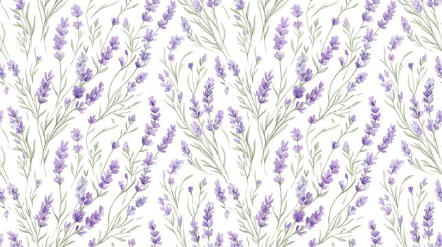 Soft purple lavender watercolor floral seamless pattern on white background for gentle botanical textile design concept.