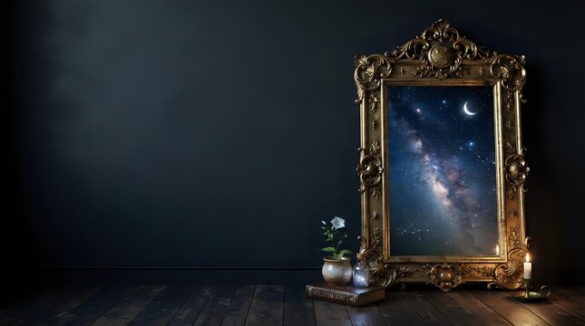 Ornate golden mirror reflecting starry night sky and milky way galaxy