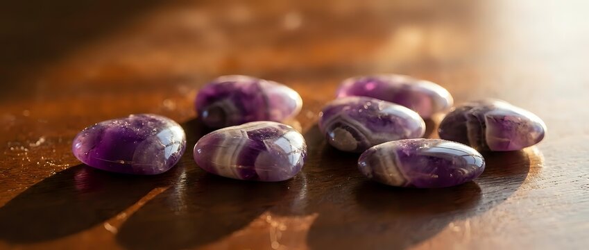 Polished amethyst tumbled stones arranged on warm wooden surface