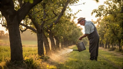 Fototapeta premium Senior Farmer Watering Fruit Trees in Orchard at Golden Sunset