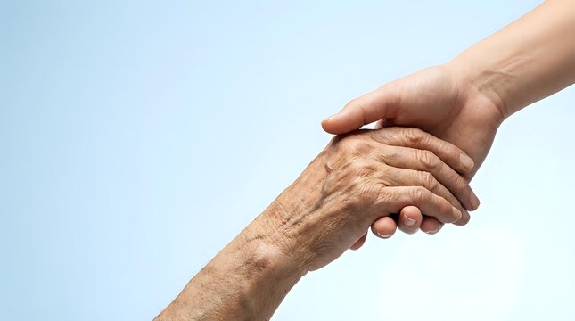 Younger adult hand grasping older adult hand against clear sky