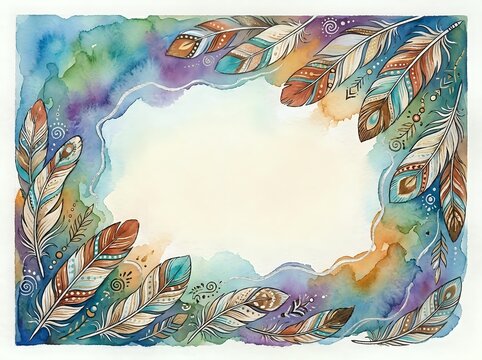 Watercolor feather frame with bohemian ornamental details in warm