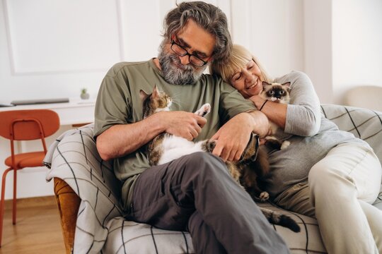 Middle-aged couple sitting on a couch holding two cats, with a cozy living room featuring a chair and decorative elements in the background