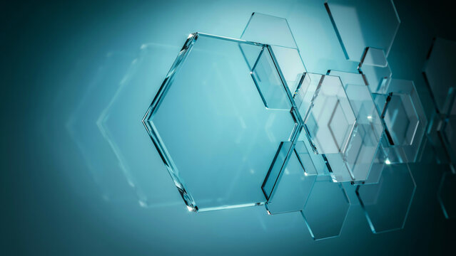 Abstract Background Featuring Floating Transparent Glass Hexagon Shapes in a Tech Inspired Teal Atmosphere