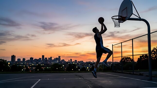 Young male athlete of African descent shooting basketball at sunset