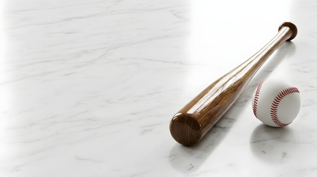 Wooden baseball bat and ball on marble floor