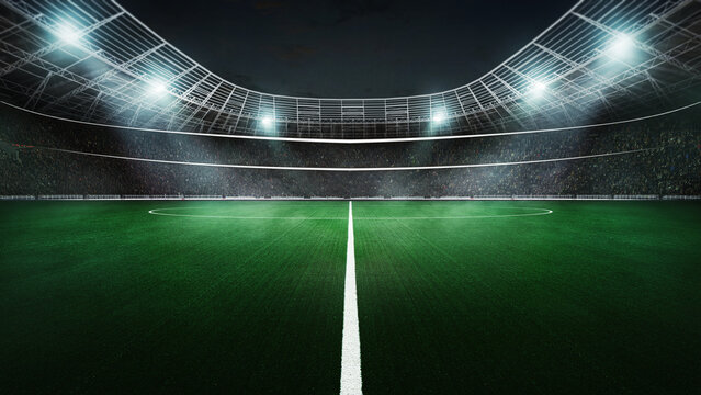 Textured soccer game field with free copy space - center, midfield. Ready for game in the midfield