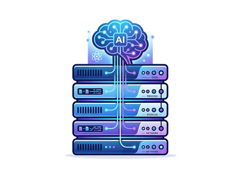 Modern abstract brain and server stack icon set with digital network