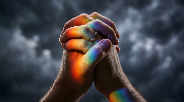 Clasped hands in prayer with rainbow light reflection against a dark stormy sky background.