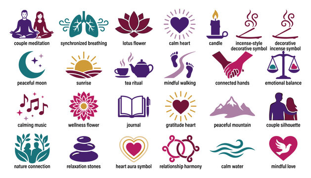 Colorful Spiritual Wellness Icon Set with Meditation Yoga Lotus and Chakra Flat Illustration