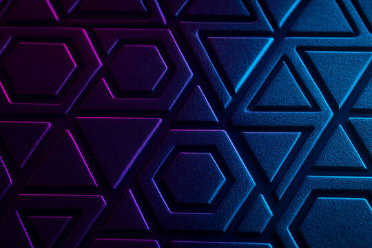 Abstract neon geometric pattern with glowing hexagons and triangles in purple and blue