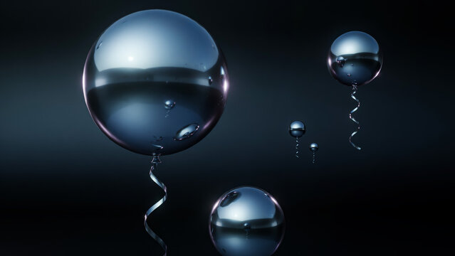 Luxury Liquid Chrome Spheres Floating in Dark Abstract 3D Space with Minimalist Reflections and Modern Metallic Aesthetic