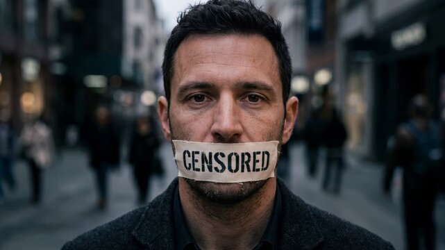 Man with censored tape over his mouth standing on a city street. Silenced male portrait about censorship and freedom of speech. Human rights and protest concept