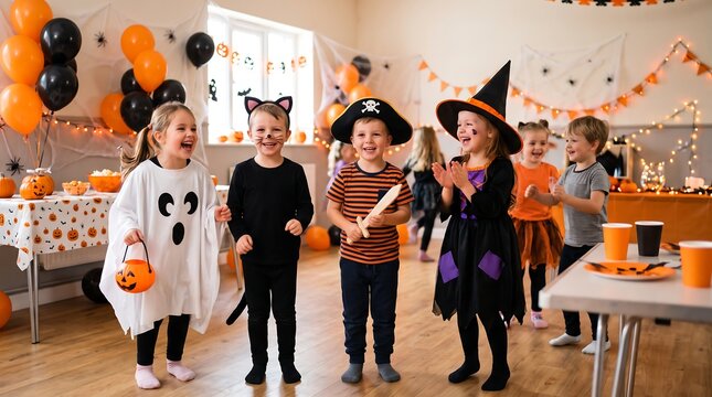 Group of cute toddlers in Halloween costumes dancing and laughing at decorated indoor party, kids holiday fun