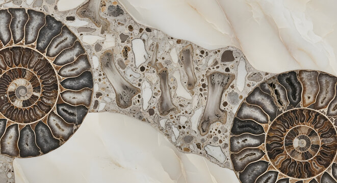 Ancient ammonite fossils and bone fragments embedded in terrazzo with smooth onyx stone texture background