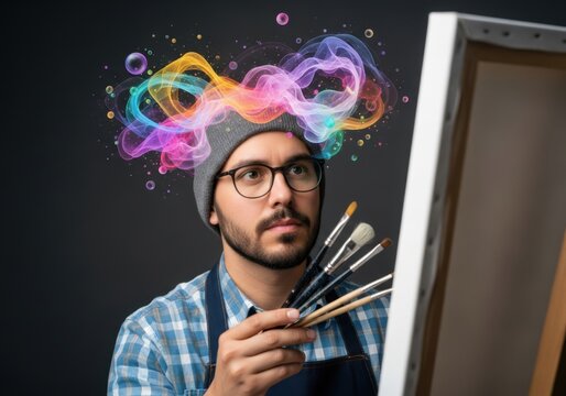 Creative artist with colorful imagination visualized above his head while holding brushes