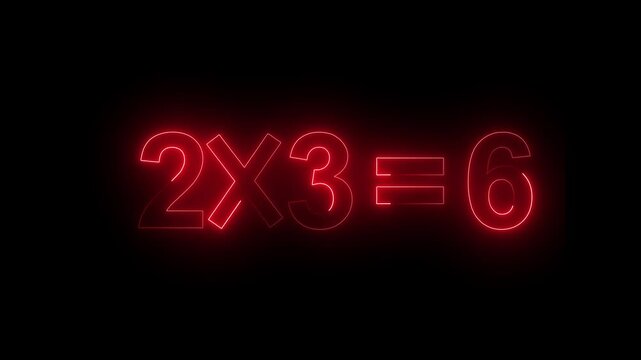 Neon math problem glowing with red illumination showing multiplication on a dark studio backdrop.