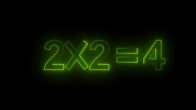 Neon equation glowing in green light displaying a simple multiplication problem on a black backdrop.